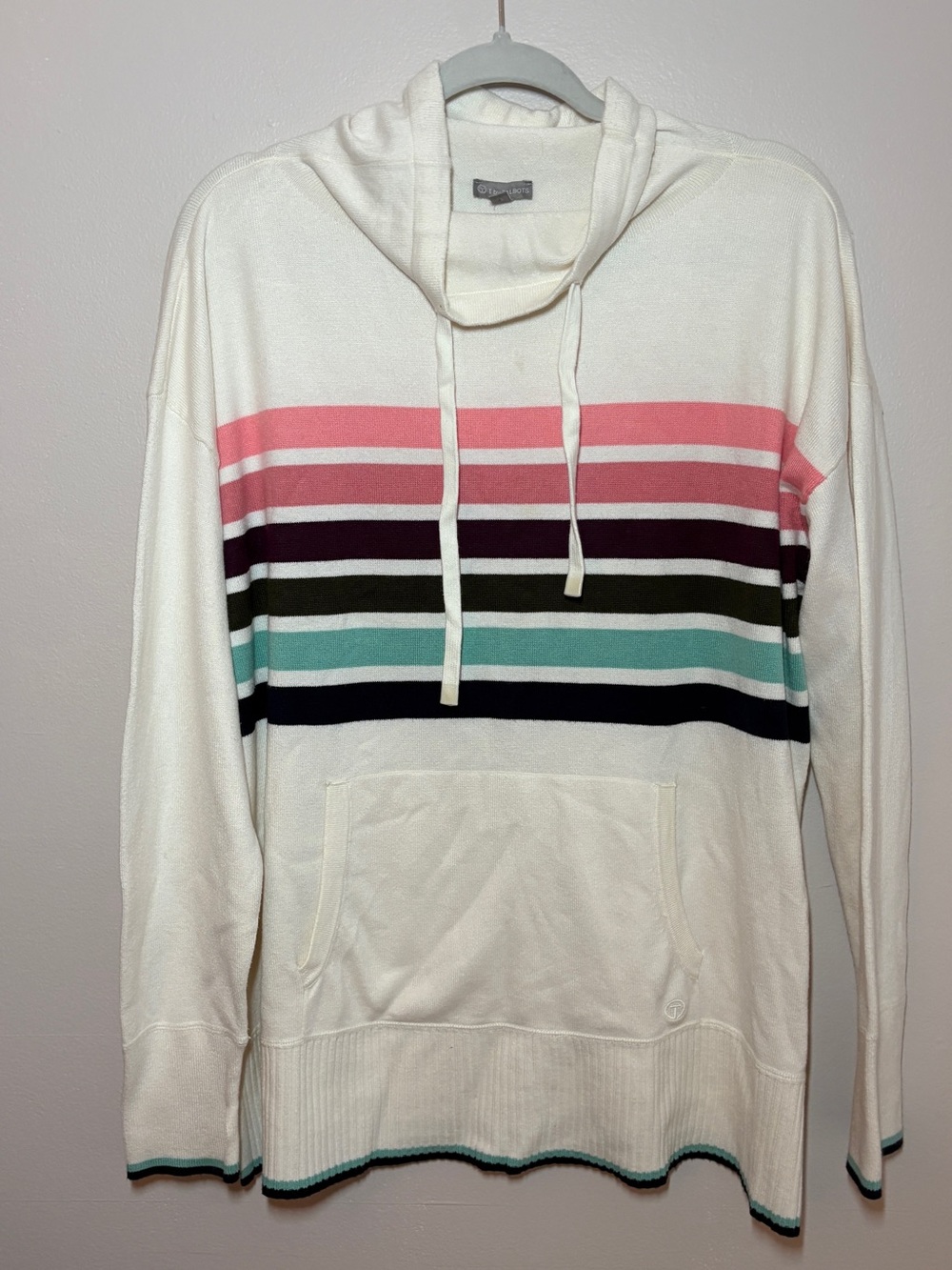 Talbots Cream Hooded Pullover with Pink, Teal & Navy Stripes